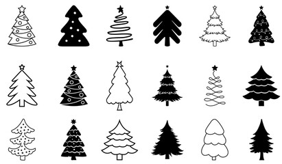 Obraz premium Black and White Christmas Tree Silhouette Vector Set with Festive Lights