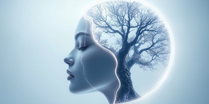 Abstract Silhouette of Woman Blending with Tree Inside a Glowing Circle.