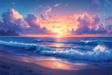 Fototapeta premium A beautiful sunset over the ocean with clouds in the sky and waves crashing on the beach.