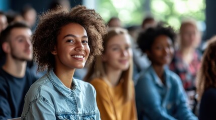 Obraz premium Happy young woman smiling in a diverse audience setting
