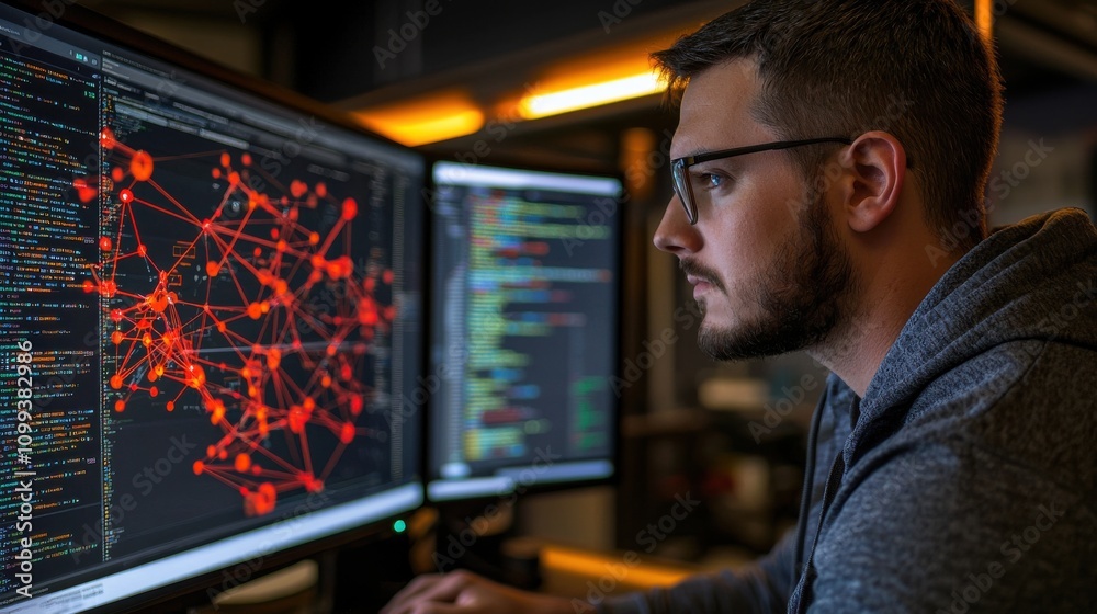 Poster data scientist analyzing complex network visualizations