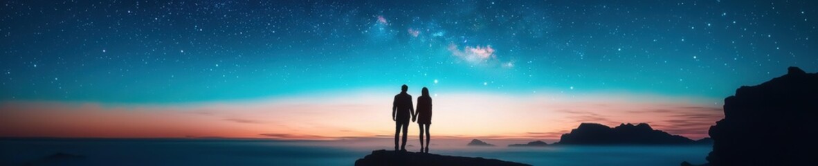 Fototapeta premium Silhouettes of a couple standing on a cliff under a starry sky during twilight. Romantic stargazing and exploration concept.