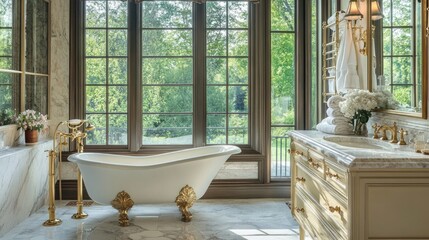 An exquisite French country bathroom with a freestanding clawfoot tub