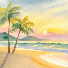 Obraz premium Calm time passing slowly (sunset, watercolor-style landscape painting of a beautiful beach at sunset)