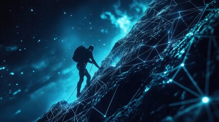 Climber scaling a futuristic digital mountain with glowing blue gridlines.