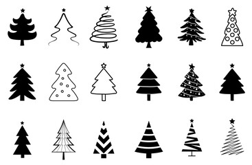 Obraz premium Black and White Christmas Tree Silhouette Vector Set with Festive Lights