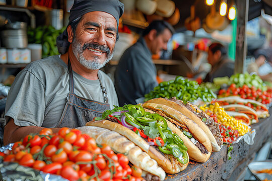 Mexican chef smiling proudly presenting fresh tortas in his shop