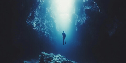 Diver Exploring Deep Underwater Cave Freediving with Sunlight Above