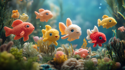 Obraz premium A Plush Underwater Wonderland Brimming with Lively Plush Fish and Colorful Coral Under the Waves