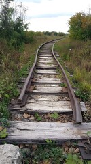 Obraz premium Rustic weathered railway track curving through overgrown vegetation.