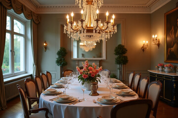 Elegant dining room with crystal chandelier and floral centerpiece in a classic interior  