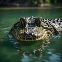 Obraz premium A caiman’s toothy grin emerging from green water.