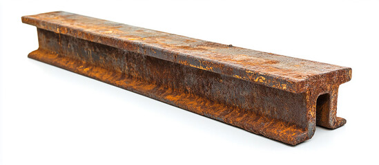 Fototapeta premium A steel beam, rusty and old with visible rust on the surface. The bar is solidly made from iron or steel. Isolated on a white background