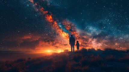 Obraz premium Family Enjoying a Beautiful Night Sky on a Memorable Travel Adventure, Capturing Moments of Happiness and Togetherness