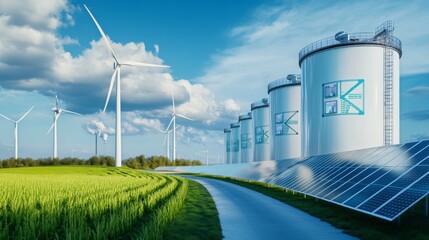 Fototapeta premium aerial view of a hydrogen storage tanks in an industrial plant. and several wind turbines. 