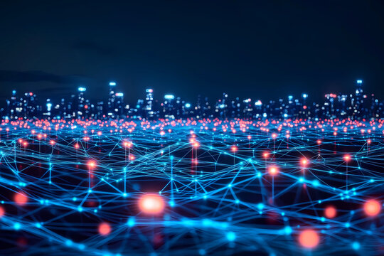 A digital landscape of interconnected blue and red dots representing data, with the silhouette of city lights in the background