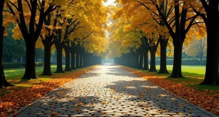 Brown cobblestone paths intersecting under summer trees, viewed at human eye level, ultra-realistic, high-quality render.
