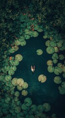 An aerial view of a single duck swimming in a pond surrounded by lily pads.