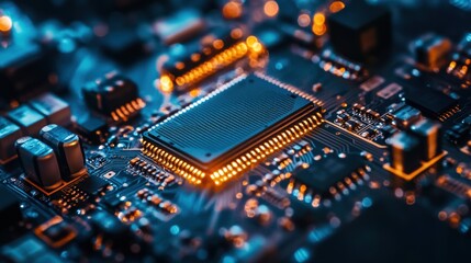 Fototapeta premium Close-up of a glowing microchip on a circuit board with orange and blue lighting.