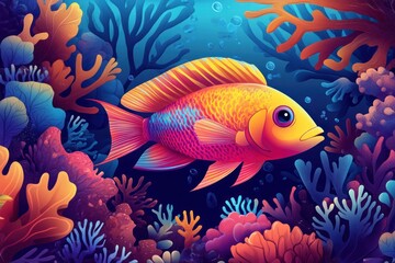 Fototapeta premium A colorful fish swims amongst vibrant coral reefs in a deep blue ocean.