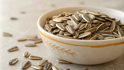 Sunflower seeds in ceramic bowl, scattered on surface, showcasing their natural texture and color. Perfect for healthy snacking or culinary use