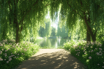 Naklejka premium Minimalist 3D Illustration of a Spring Riverside Trail with Green Willow Trees