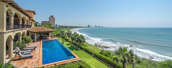 Fototapeta premium Stunning Coastal Real Estate with Infinity Pool Overlooking Ocean and Modern Architecture