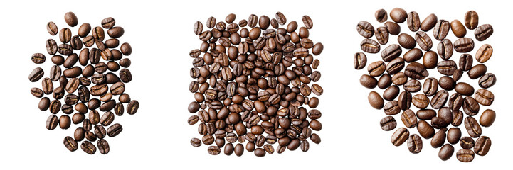 Fototapeta premium A close-up view of various arrangements of dark roasted coffee beans in different shapes.