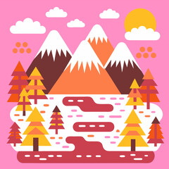 mountain landscape - mountains, river, pine trees