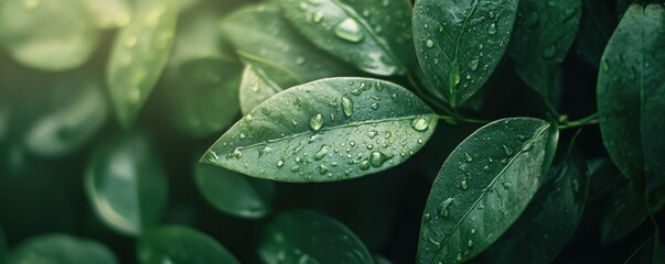 Fototapeta premium Close-up of green leaves with water droplets and sunlight.