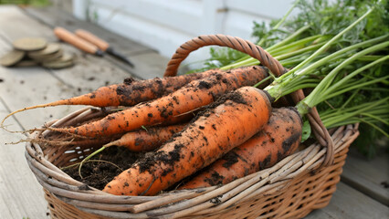 Freshly harvested carrots with dirt still clinging, showcasing their vibrant orange color and leafy tops, evoke sense of farm freshness and natural produce