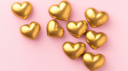 Fototapeta premium Row of gold hearts are arranged on a pink background. The hearts are all different sizes and are placed in a way that creates a sense of harmony and balance