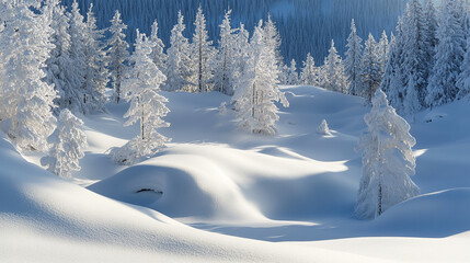 Snow-covered landscape with frosted trees and gentle slopes in winter sunlight