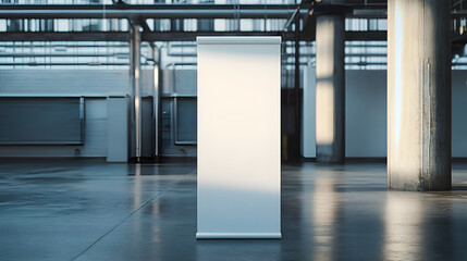Fototapeta premium Blank Roll Up Banner Mockup in Industrial Setting - A white roll up banner mockup standing in an industrial setting, showcasing a blank canvas for advertising and branding. It symbolizes professionali