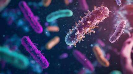 Fototapeta premium An abstract representation of diverse bacteria with intricate, colorful details on a dark, contrasting background