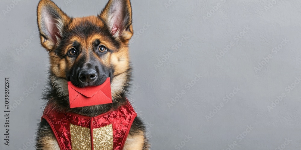 Sticker Pet costume concept for Chinese Lunar New Year. A dog in festive attire holding an envelope against a neutral background