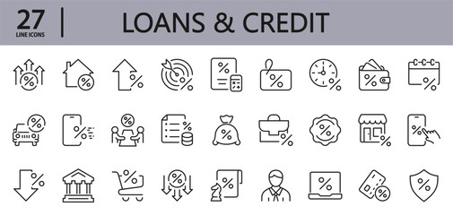 Loan and Credit line icons set with Payment, Interest, Bank, Interest Rate, Finance, Tax, Time, Credit, Insurance and more. Editable Stroke