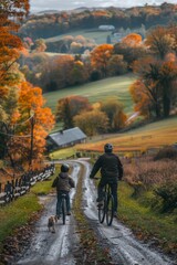 Obraz premium family bike ride through rural paths amidst nature
