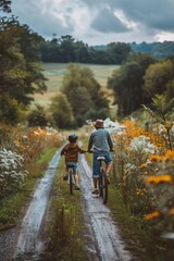 parent and child on bicycles amidst green fields