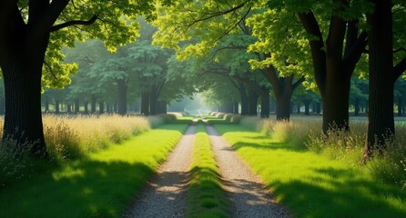 Obraz premium One gray grass path surrounded by summer trees, viewed at human eye level, ultra-realistic, emphasizing the texture of the grass and the lush, vibrant summer foliage.