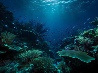 Fototapeta premium Deep Ocean Abyss: A dramatic view of the deep ocean with dark blue and black hues, highlighting bioluminescent creatures glowing in vibrant greens, purples, and blues.