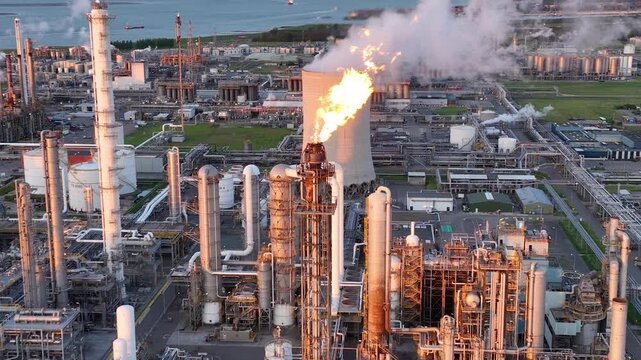 Aerial view of a chemical plant at sunset. Drone shot. Curling fire and cumin smoke filling the sky. Smoking chimneys from the factory. Chimneys of an oil refinery at sunrise pollute the environment