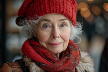 Cheerful elderly woman in festive christmas attire smiling at camera amid holiday decorations