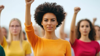 Portrait of a diverse group of people raising their fists in solidarity advocating for fairness within their community