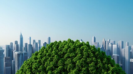 Fototapeta premium Travel adventure accommodation concept. A vibrant green hill rises amidst a modern city skyline, symbolizing the balance between nature and urbanization.
