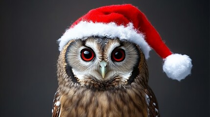 Obraz premium Brown owl wearing a red Santa hat. The hat is decorated with white snowflakes