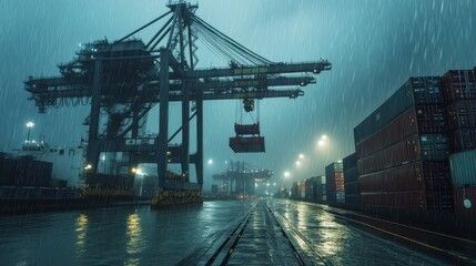 Floating Container Crane in Rain: Moody Overcast Lighting, Atmospheric Depth, Elevated Perspective on Maritime Operations, Ultra HD Marine Photography.