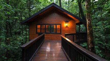 Travel adventure accommodation concept.. A cozy wooden cabin nestled in a lush forest, illuminated by warm light, with a wooden pathway leading to its entrance.