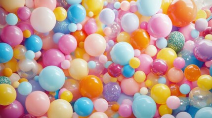 shot completely filled with colorful balloons, different shapes, tightly packed, frame covered, party and celebration vibe, seamless joyful background