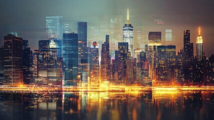 Obraz premium Graph and data overlay on a cityscape at night; highlighting the impact of technology on urban living.